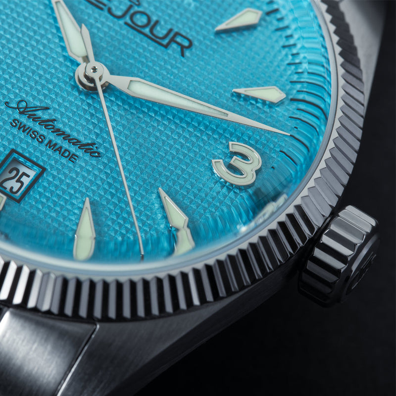 Le Jour Brooklyn Swiss Automatic Dress watch with Robin's Egg Blue Hobnail Dial #LJ-BR-005 dial