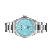 Le Jour Brooklyn Swiss Automatic Dress watch with Robin's Egg Blue Hobnail Dial #LJ-BR-005 side