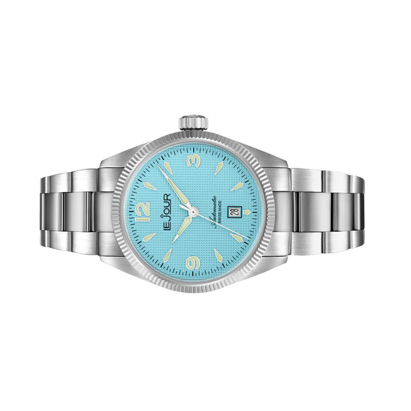 Le Jour Brooklyn Swiss Automatic Dress watch with Robin's Egg Blue Hobnail Dial #LJ-BR-005 side