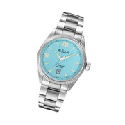 Le Jour Brooklyn Swiss Automatic Dress watch with Robin's Egg Blue Hobnail Dial #LJ-BR-005 tilt