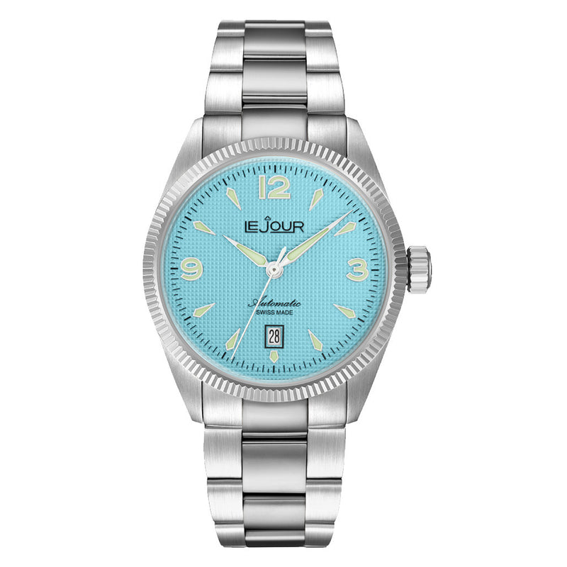 Le Jour Brooklyn Swiss Automatic Dress watch with Robin's Egg Blue Hobnail Dial #LJ-BR-005 zoom