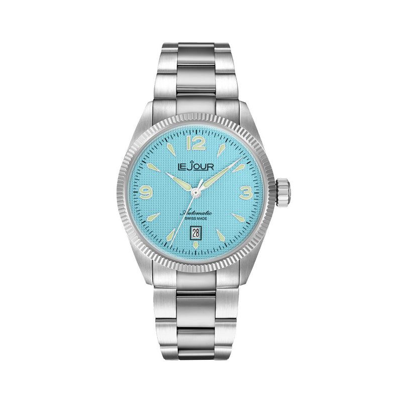 Le Jour Brooklyn Swiss Automatic Dress watch with Robin's Egg Blue Hobnail Dial #LJ-BR-005