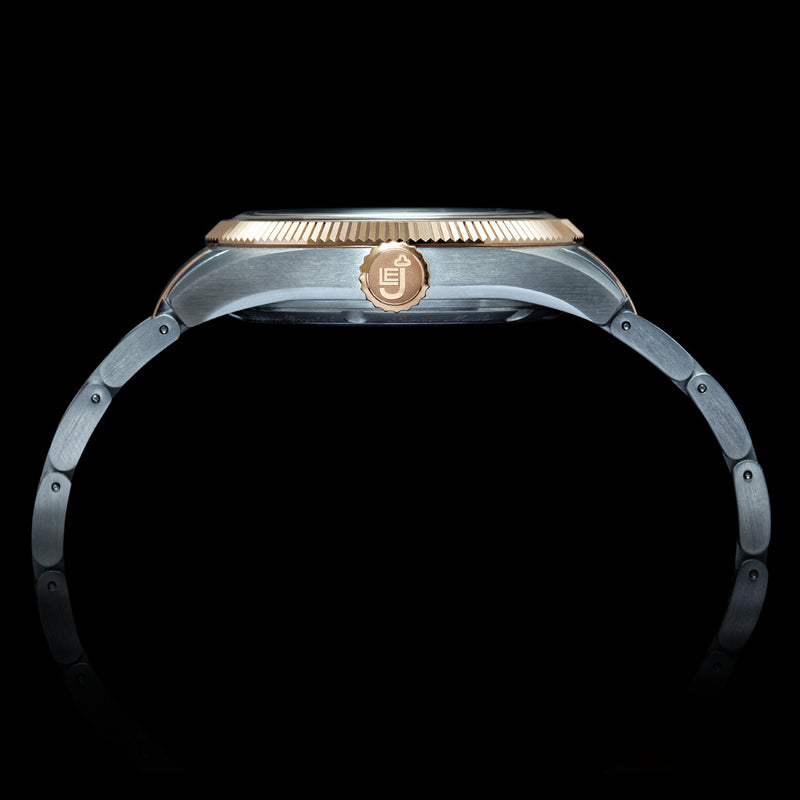 Le Jour Brooklyn Swiss Automatic Two-Tone Rose Gold Dress watch with Black Hobnail Dial #LJ-BR-006 crown