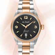 Le Jour Brooklyn Swiss Automatic Two-Tone Rose Gold Dress watch with Black Hobnail Dial #LJ-BR-006 lifestyle