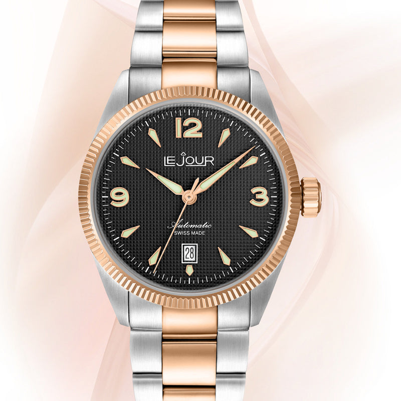 Le Jour Brooklyn Swiss Automatic Two-Tone Rose Gold Dress watch with Black Hobnail Dial #LJ-BR-006 lifestyle