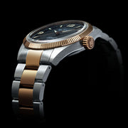 Le Jour Brooklyn Swiss Automatic Two-Tone Rose Gold Dress watch with Black Hobnail Dial #LJ-BR-006 lifestyle
