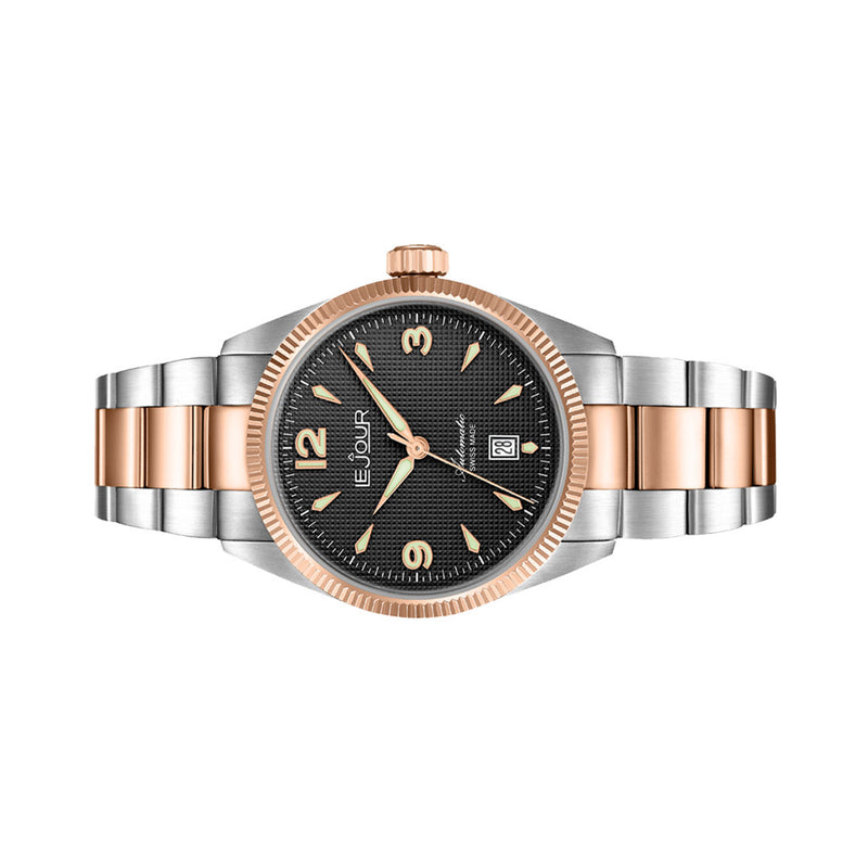 Le Jour Brooklyn Swiss Automatic Two-Tone Rose Gold Dress watch with Black Hobnail Dial #LJ-BR-006 side