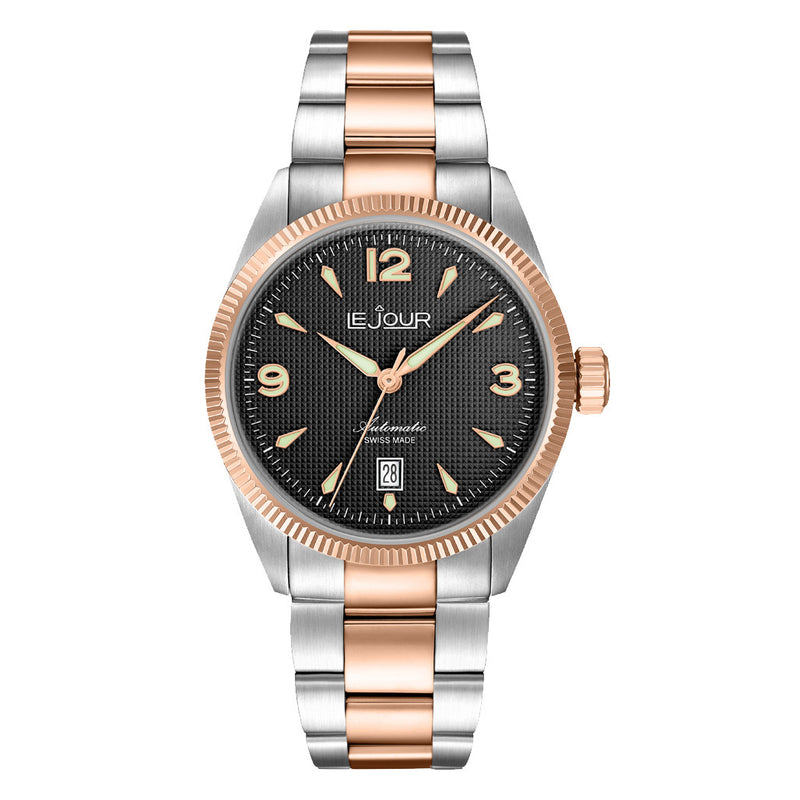 Le Jour Brooklyn Swiss Automatic Two-Tone Rose Gold Dress watch with Black Hobnail Dial #LJ-BR-006 zoom