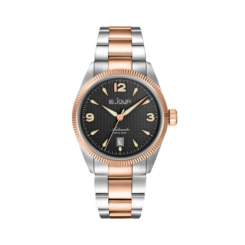 Le Jour Brooklyn Swiss Automatic Two-Tone Rose Gold Dress watch with Black Hobnail Dial #LJ-BR-006