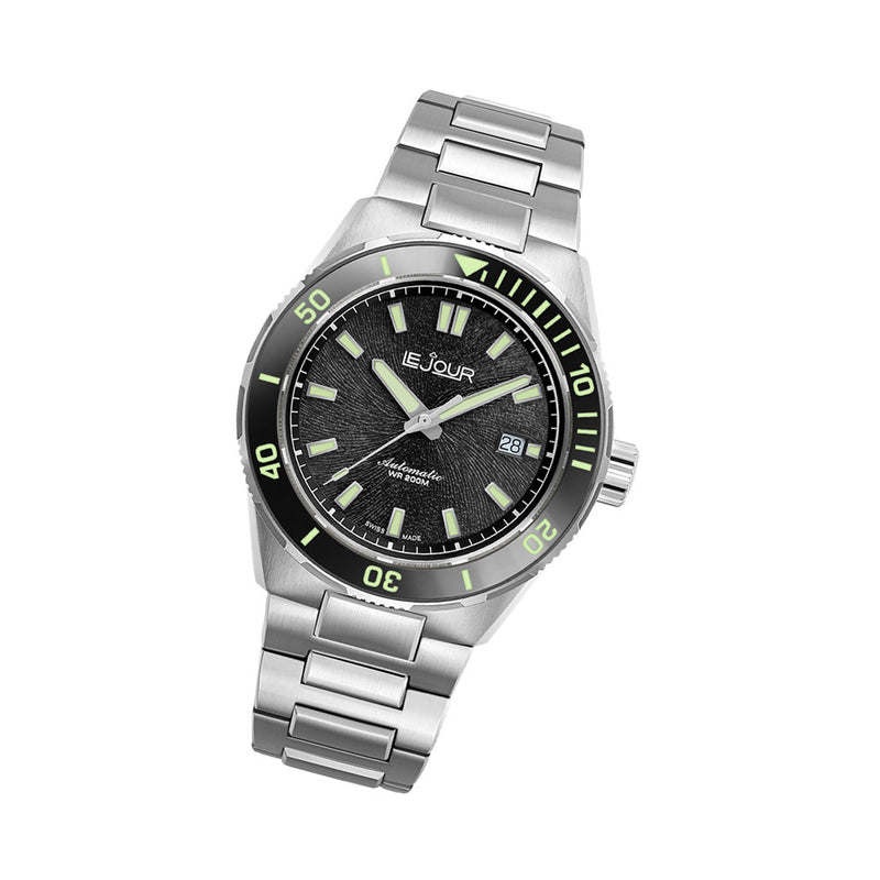 Le Jour Coral Automatic Swiss Dive Watch with Black Textured Dial #LJ-CD-001 tilt