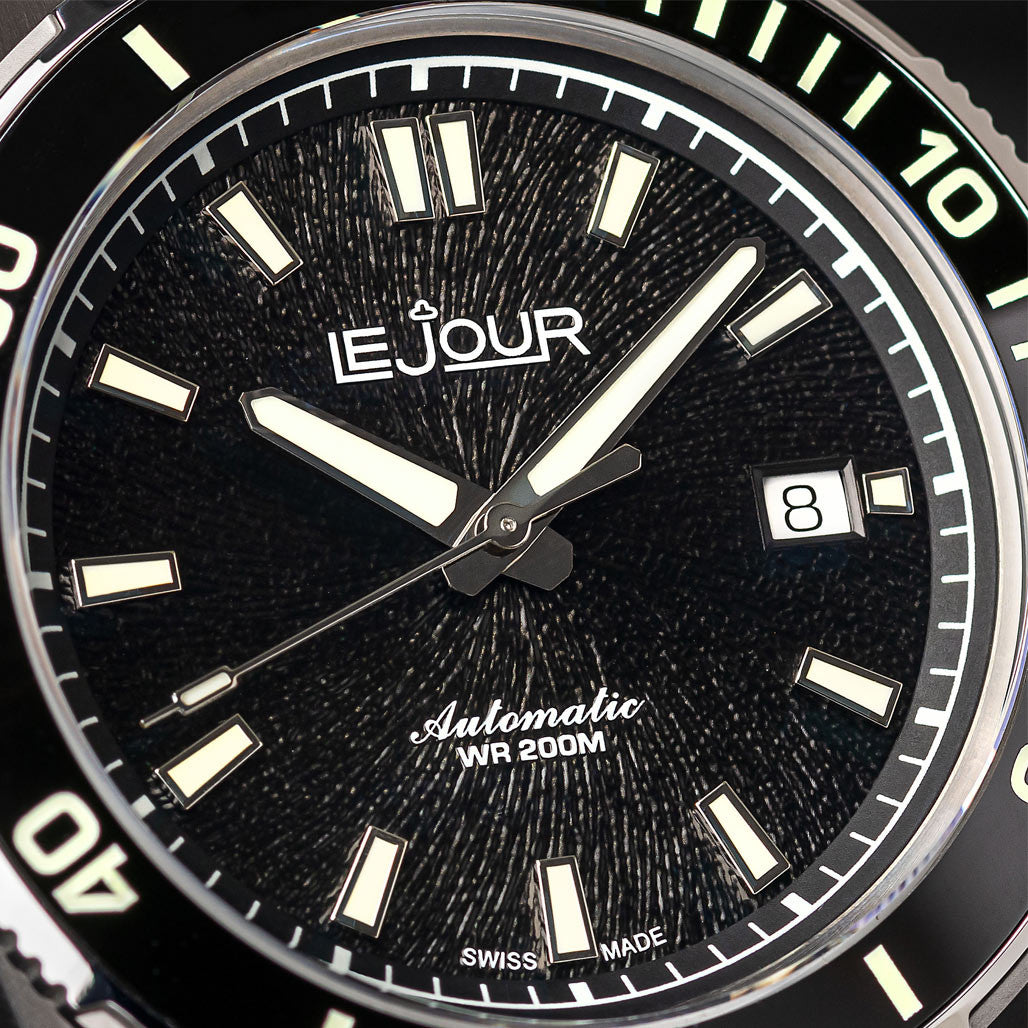 Le Jour Coral Automatic Swiss Dive Watch with Black Textured Dial