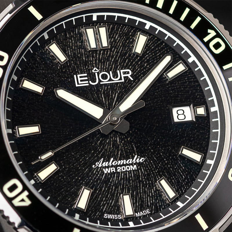 Le Jour Coral Automatic Swiss Dive Watch with Black Textured Dial #LJ-CD-001 dial zoom