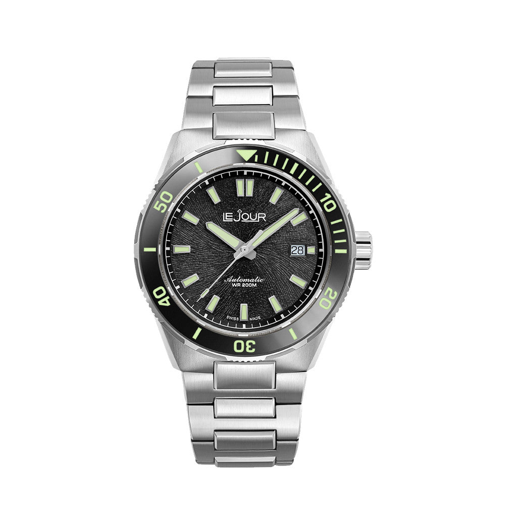 Le Jour Coral Automatic Swiss Dive Watch with Black Textured Dial