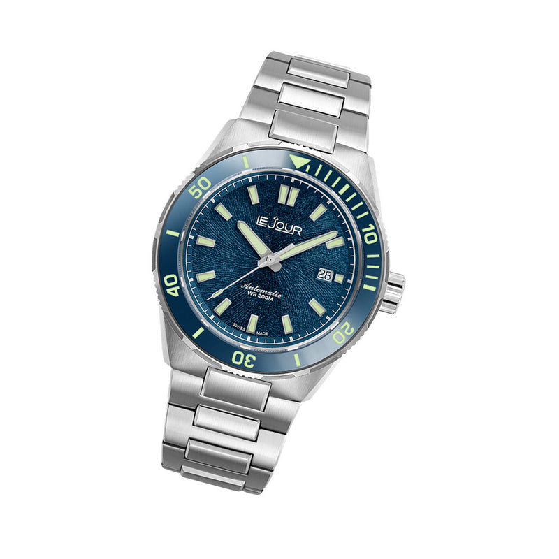 Le Jour Coral Automatic Swiss Dive Watch with Blue Textured Dial #LJ-CD-002 tilt
