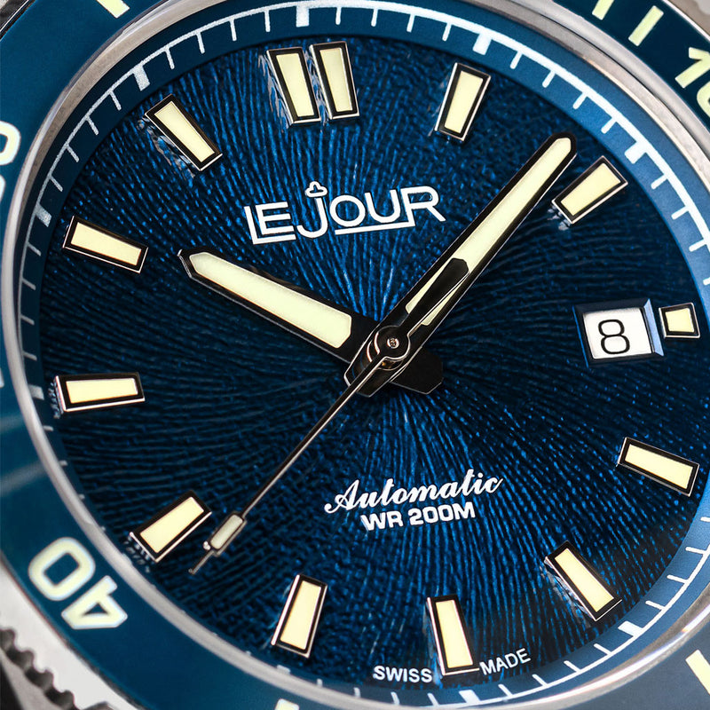 Le Jour Coral Automatic Swiss Dive Watch with Blue Textured Dial #LJ-CD-002 dial zoom