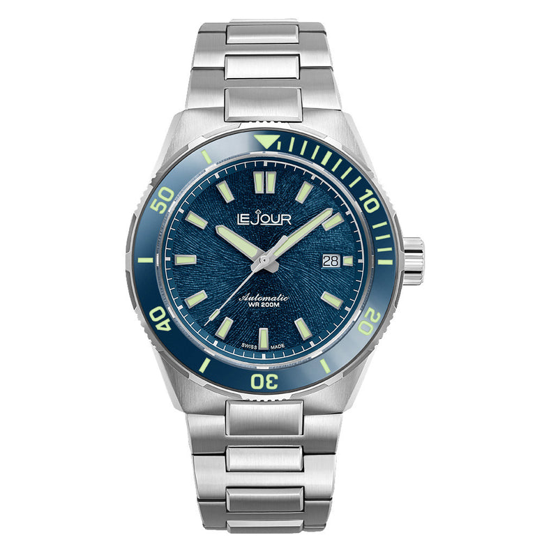 Le Jour Coral Automatic Swiss Dive Watch with Blue Textured Dial #LJ-CD-002 zoom