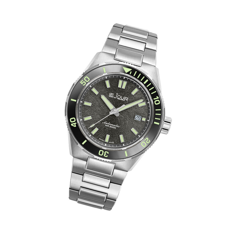 Le Jour Coral Automatic Swiss Dive Watch with Grey Textured Dial #LJ-CD-003 tilt