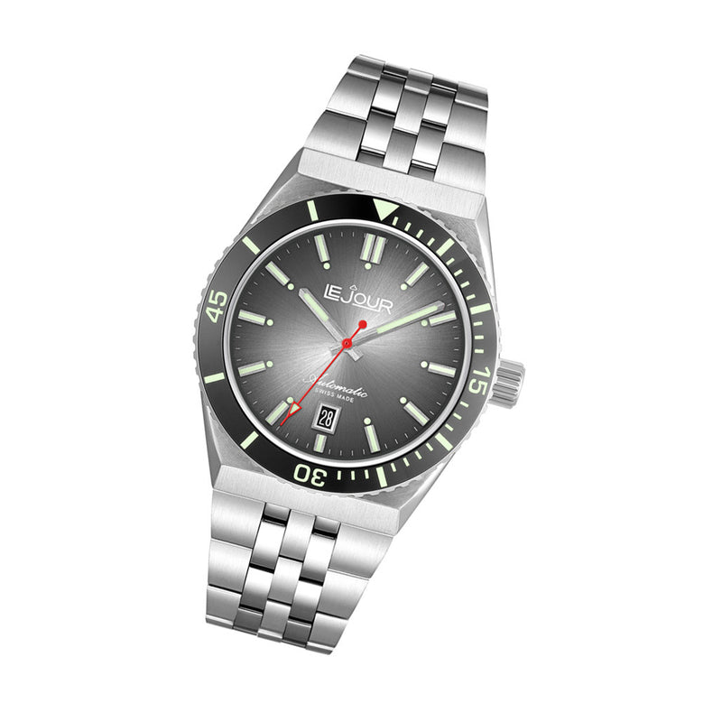 Le Jour Delmare Swiss Dive Watch with Fume Grey Dial #LJ-DM-004 tilt