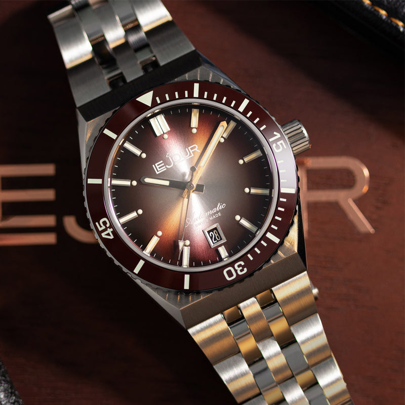Le Jour Delmare Swiss Dive Watch with Fume Brown Dial #LJ-DM-005 lifestyle