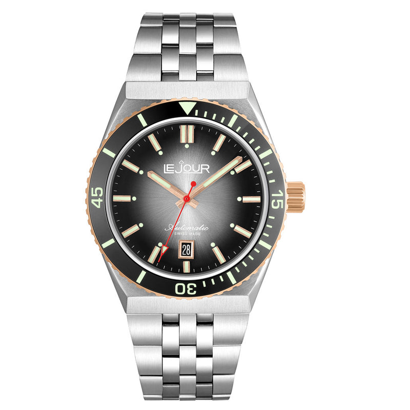 Le Jour Delmare Swiss Dive Watch with Fume Black Dial and Rose Gold Accents #LJ-DM-006 Zoom