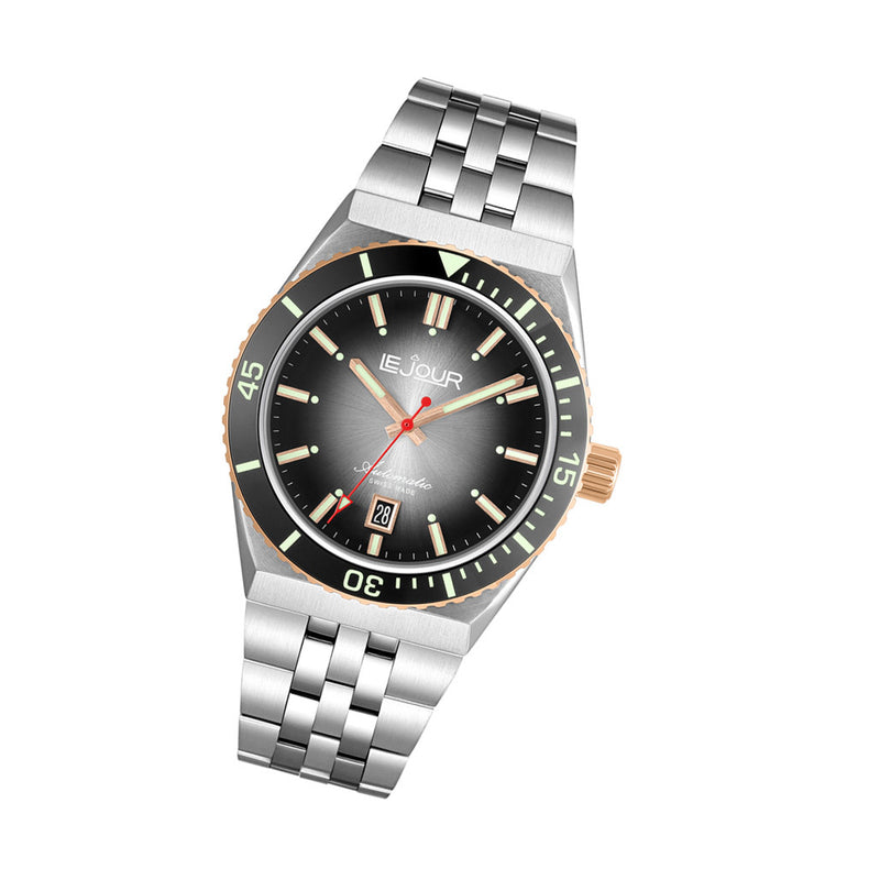 Le Jour Delmare Swiss Dive Watch with Fume Black Dial and Rose Gold Accents #LJ-DM-006 tilt