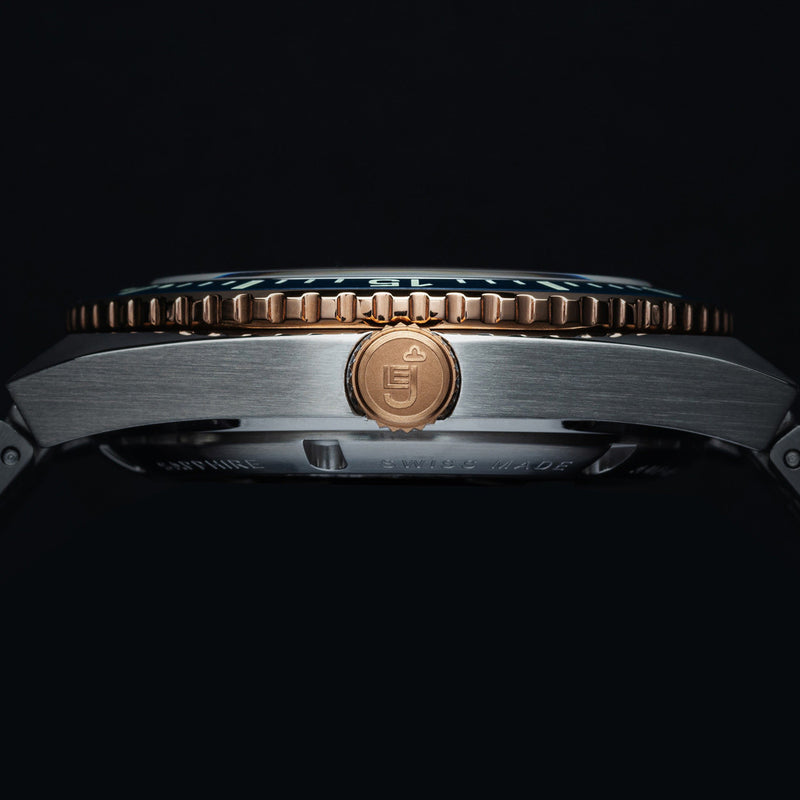 Le Jour Delmare Swiss Dive Watch with Fume Black Dial and Rose Gold Accents #LJ-DM-006 crown