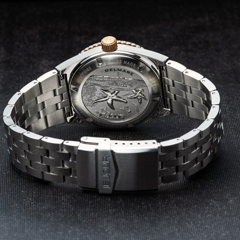 Le Jour Delmare Swiss Dive Watch with Fume Black Dial and Rose Gold Accents #LJ-DM-006 back