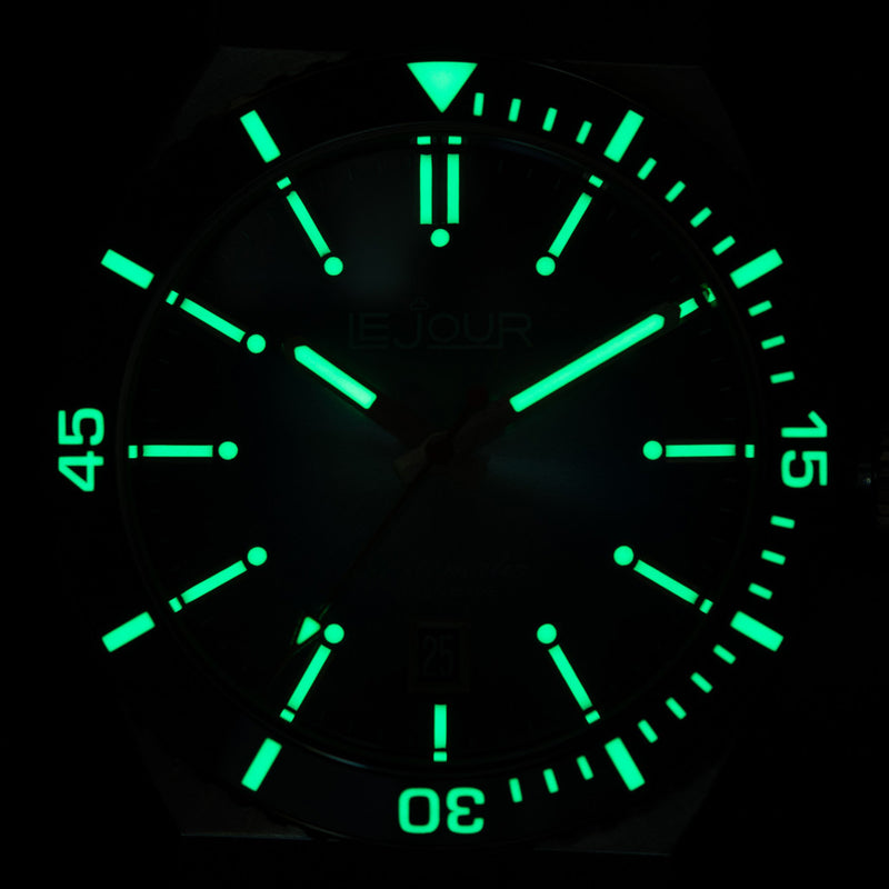 Le Jour Delmare Swiss Dive Watch with Fume Black Dial and Rose Gold Accents #LJ-DM-006 lume