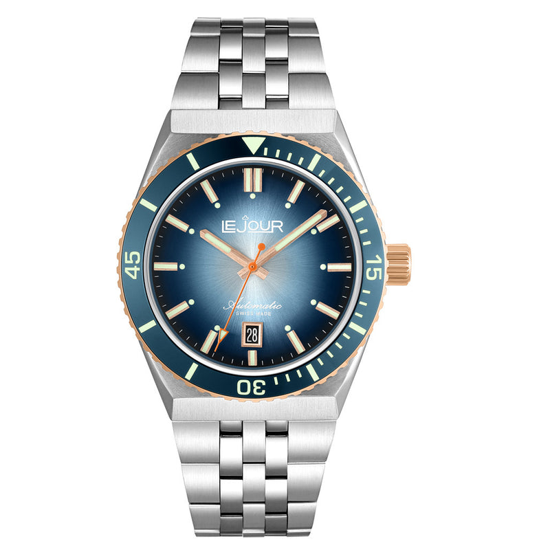 Le Jour Delmare Swiss Dive Watch with Fume Blue Dial and Rose Gold Accents #LJ-DM-008 zoom