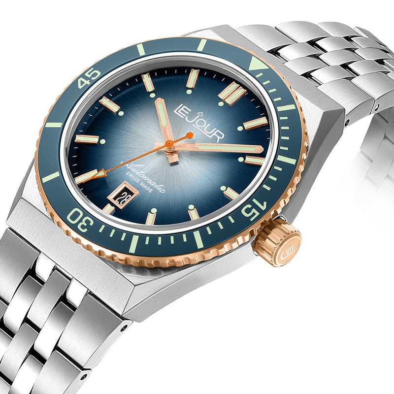 Le Jour Delmare Swiss Dive Watch with Fume Blue Dial and Rose Gold Accents #LJ-DM-008 side