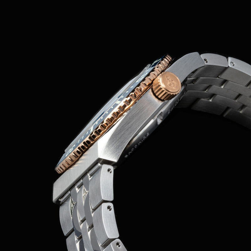 Le Jour Delmare Swiss Dive Watch with Fume Blue Dial and Rose Gold Accents #LJ-DM-008 crown