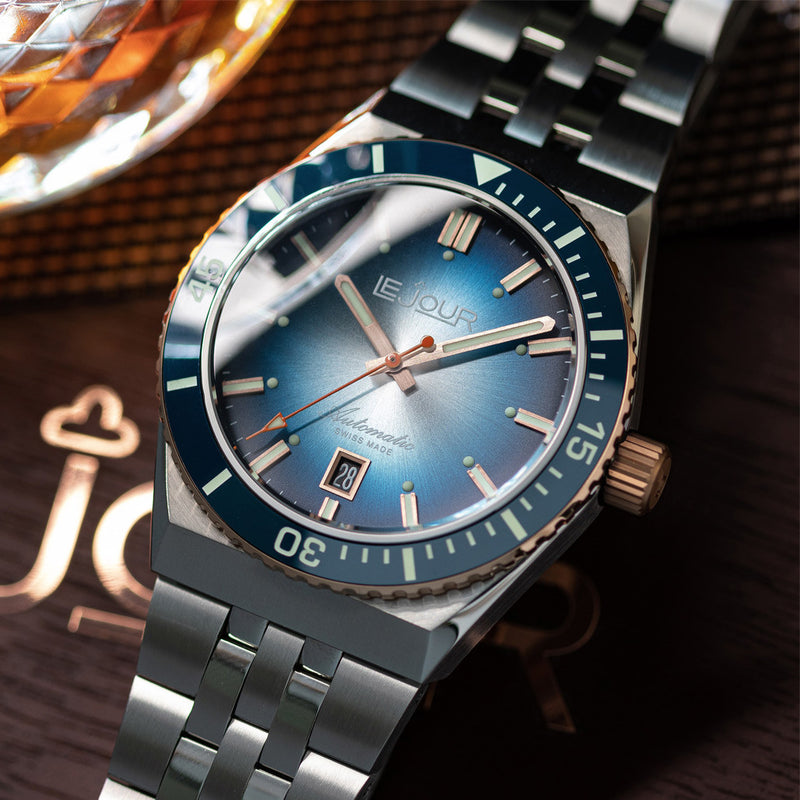 Le Jour Delmare Swiss Dive Watch with Fume Blue Dial and Rose Gold Accents #LJ-DM-008 lifestyle