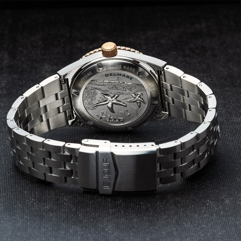 Le Jour Delmare Swiss Dive Watch with Fume Blue Dial and Rose Gold Accents #LJ-DM-008 back