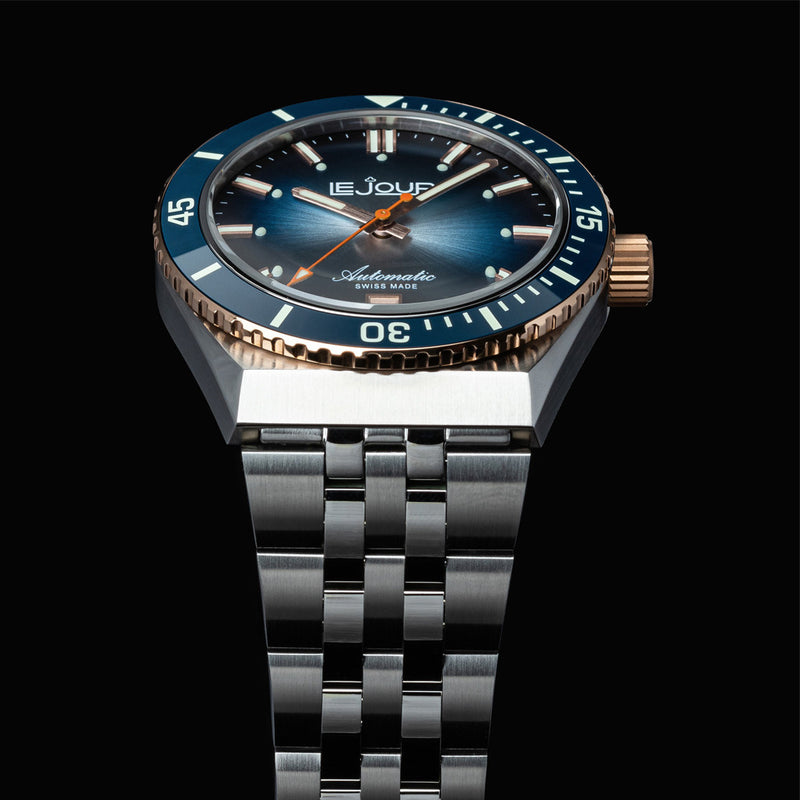 Le Jour Delmare Swiss Dive Watch with Fume Blue Dial and Rose Gold Accents #LJ-DM-008 lifestyle
