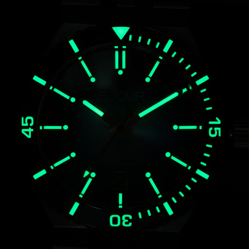 Le Jour Delmare Swiss Dive Watch with Fume Blue Dial and Rose Gold Accents #LJ-DM-008 lume