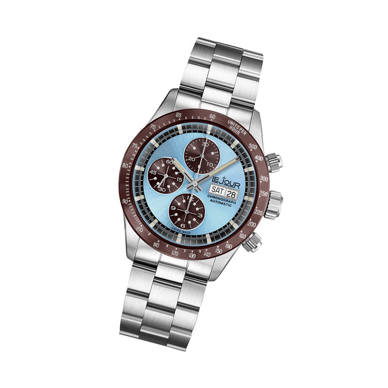 Le Jour Le Mans Swiss Automatic Chronograph with Ice Blue Dial #LJ-LM-009 tilt