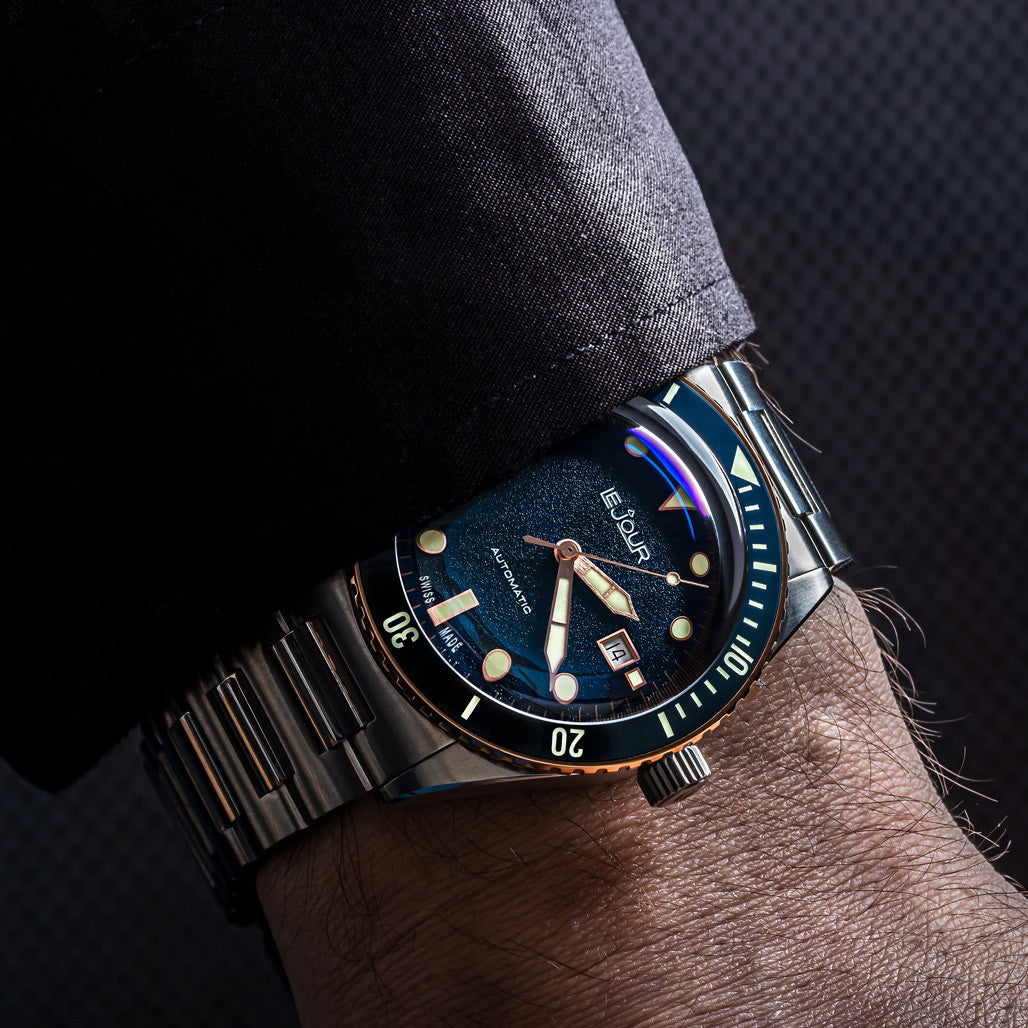 Le Jour Seacolt Automatic Swiss Dive Watch with Blue Textured Dial