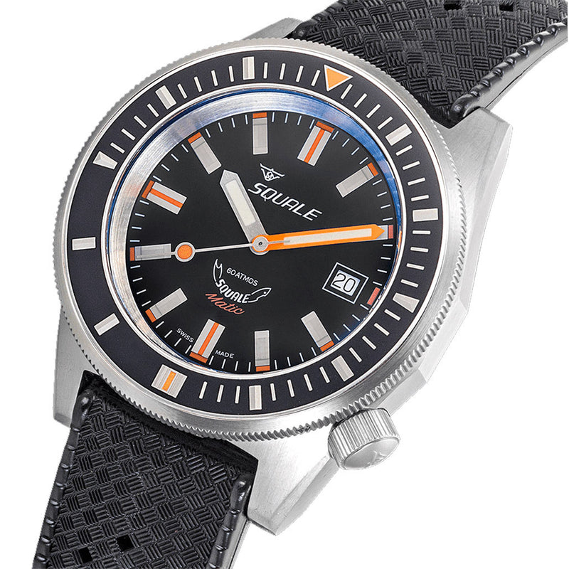 Squale Matic 600 meter Professional Swiss Automatic Dive watch with 44mm Satin Case #Matic-Black-Sat tilt