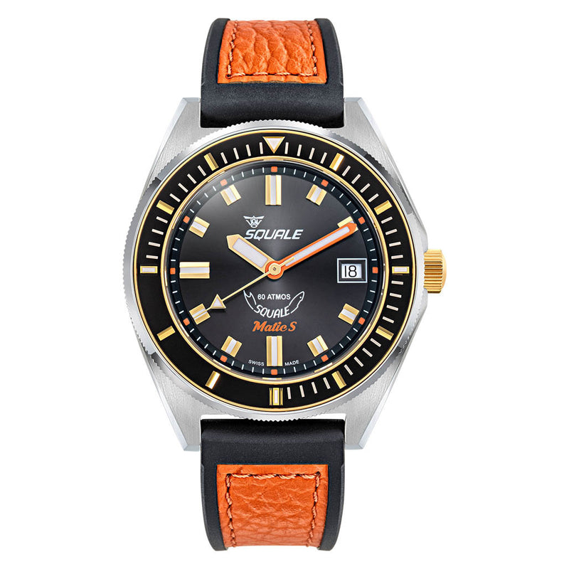 Squale Matic S Black Dial Watch with Leather-Rubber Strap #MATICGBKBK.RLOC