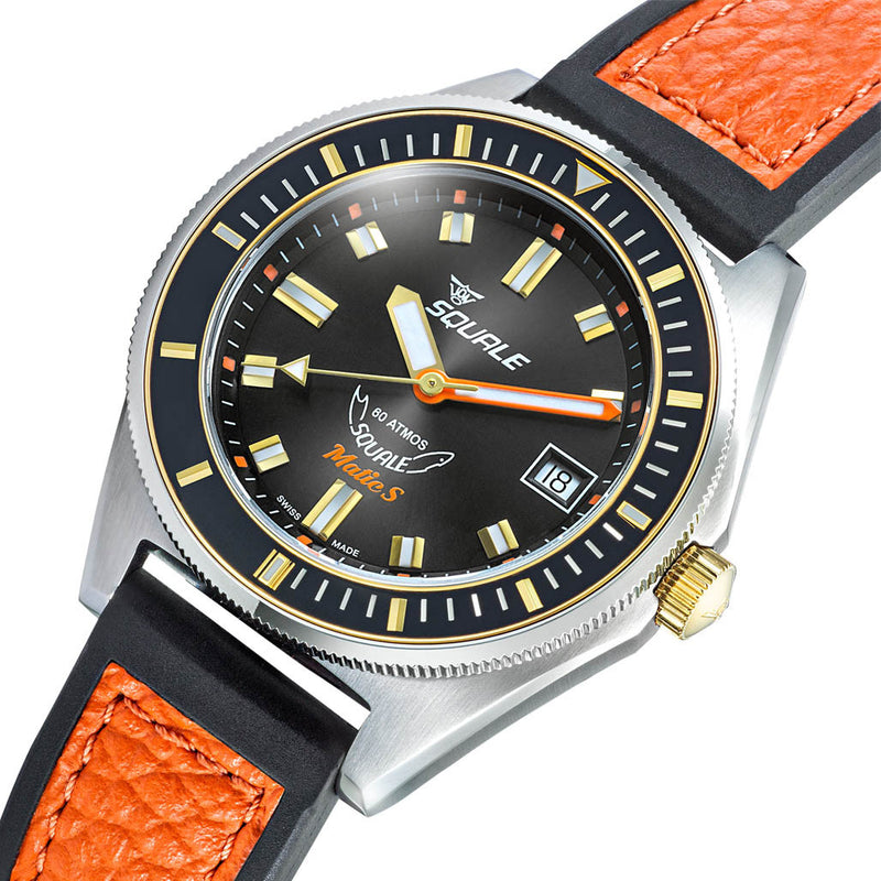 Squale Matic S Black Dial Watch with Leather-Rubber Strap #MATICGBKBK.RLOC