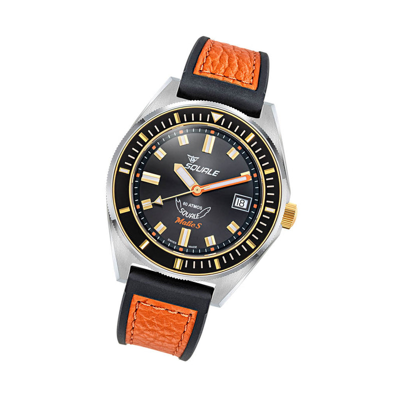 Squale Matic S Black Dial Watch with Leather-Rubber Strap #MATICGBKBK.RLOC