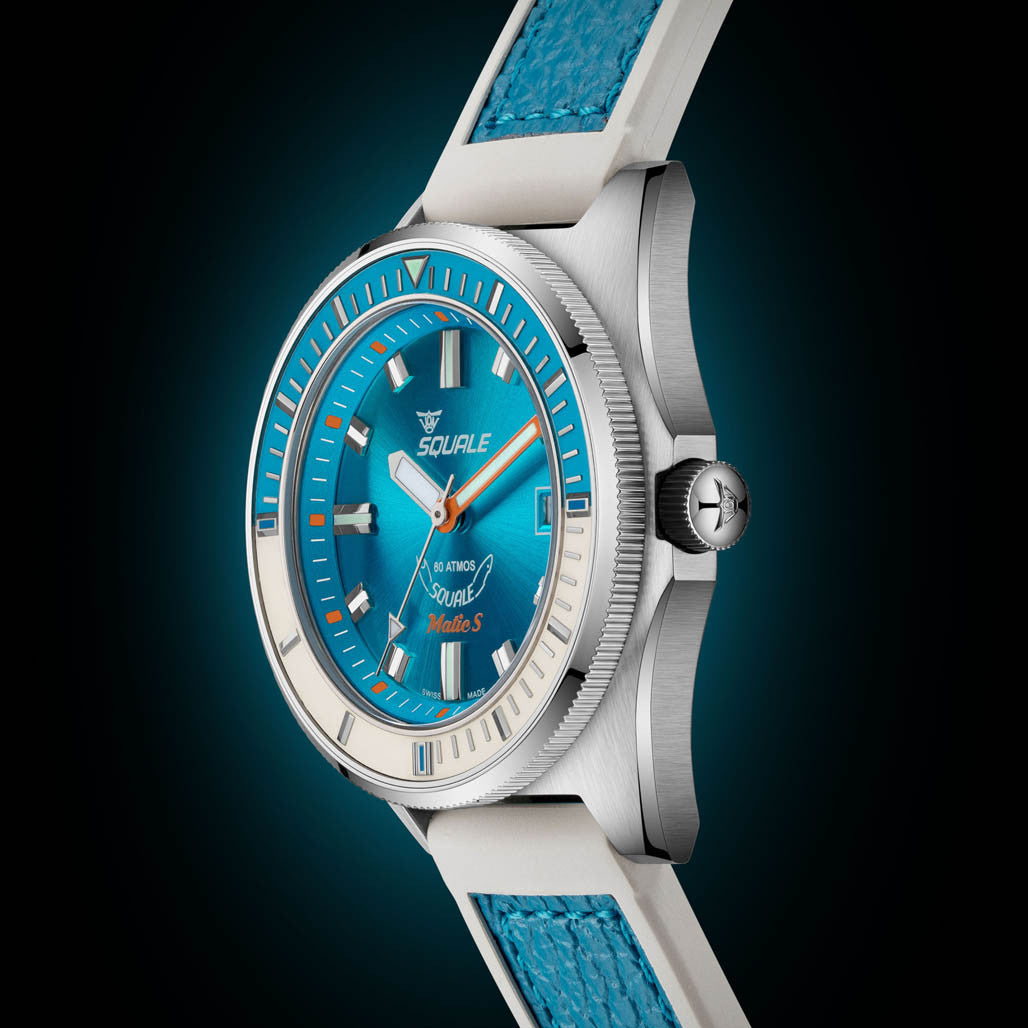 Squale Matic S Light Blue Watch with Leather-Rubber Strap