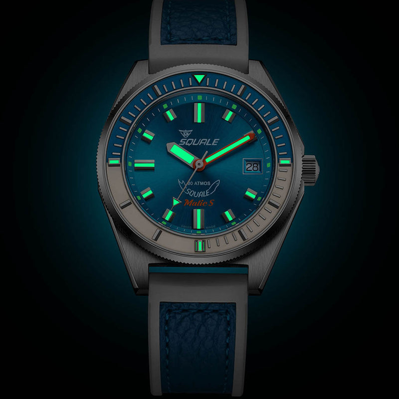 Squale Matic S Light Blue Watch with Leather-Rubber Strap #MATICLBWLB.RLWLB
