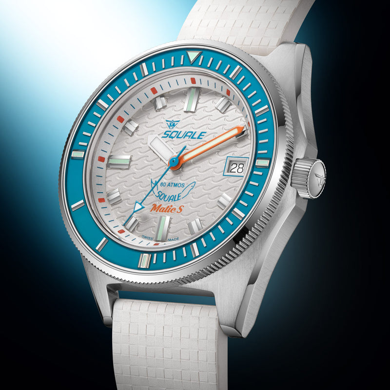 Squale Matic S White Dial Watch with Mosaic Rubber Strap #MATICLBWT.MRWT