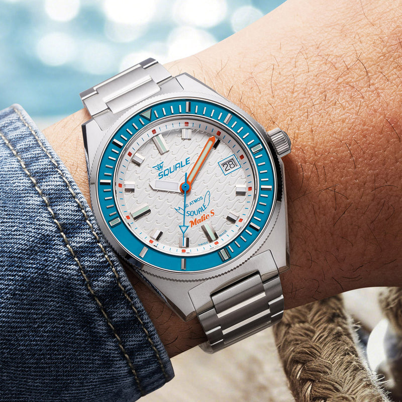 Squale Matic S White Dial Watch with Mosaic Rubber Strap #MATICLBWT.MRWT