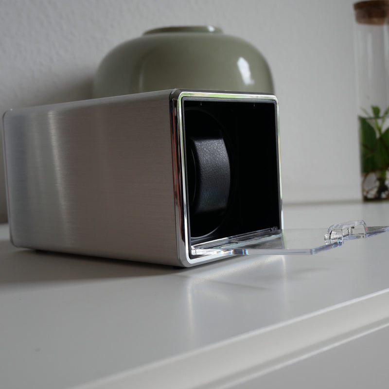 Mainspring Astronomy Alumina Single Slot Watch Winder in Silver #MS-ALUWINDER-01 lifestyle