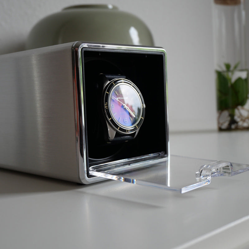 Mainspring Astronomy Alumina Single Slot Watch Winder in Silver #MS-ALUWINDER-01 lifestyle
