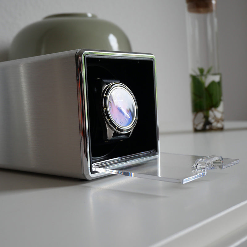 Mainspring Astronomy Alumina Single Slot Watch Winder in Silver #MS-ALUWINDER-01 lifestyle