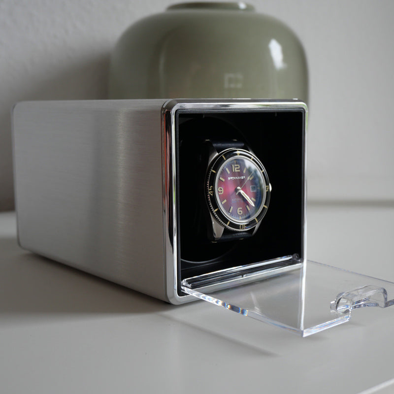 Mainspring Astronomy Alumina Single Slot Watch Winder in Silver #MS-ALUWINDER-01 lifestyle