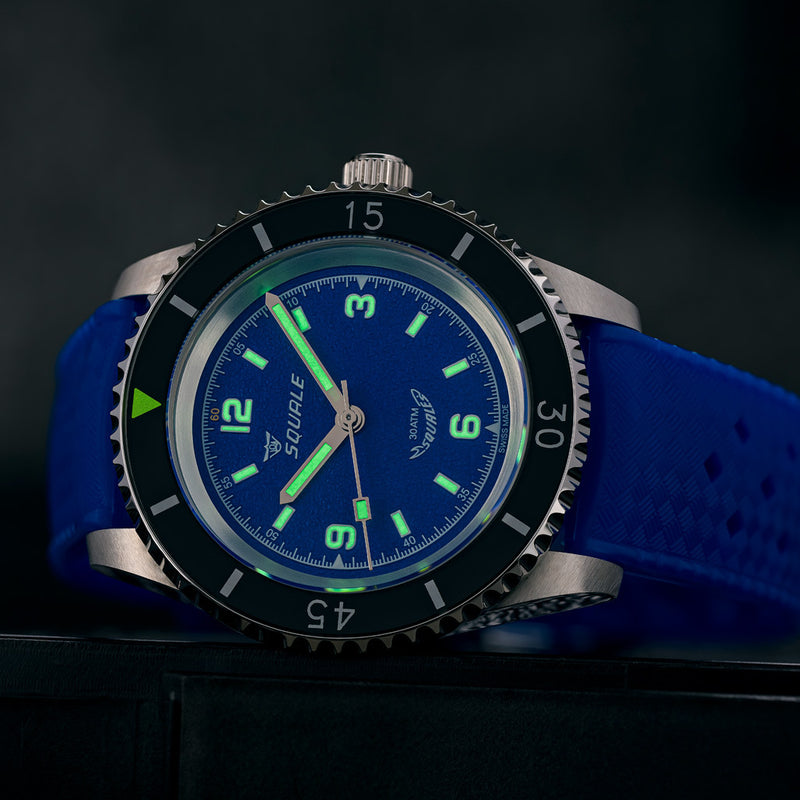 Squale Montauk 300 Meter Swiss Made Automatic Dive Watch with Blue Sand Dial #MTK-12 lume